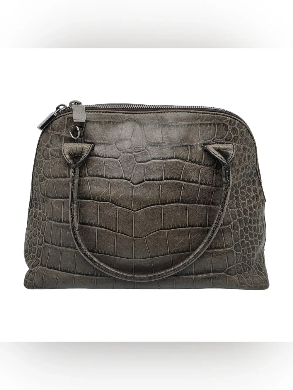 Vintage Furla Crocodile Embossed Green Leather Dome Satchel